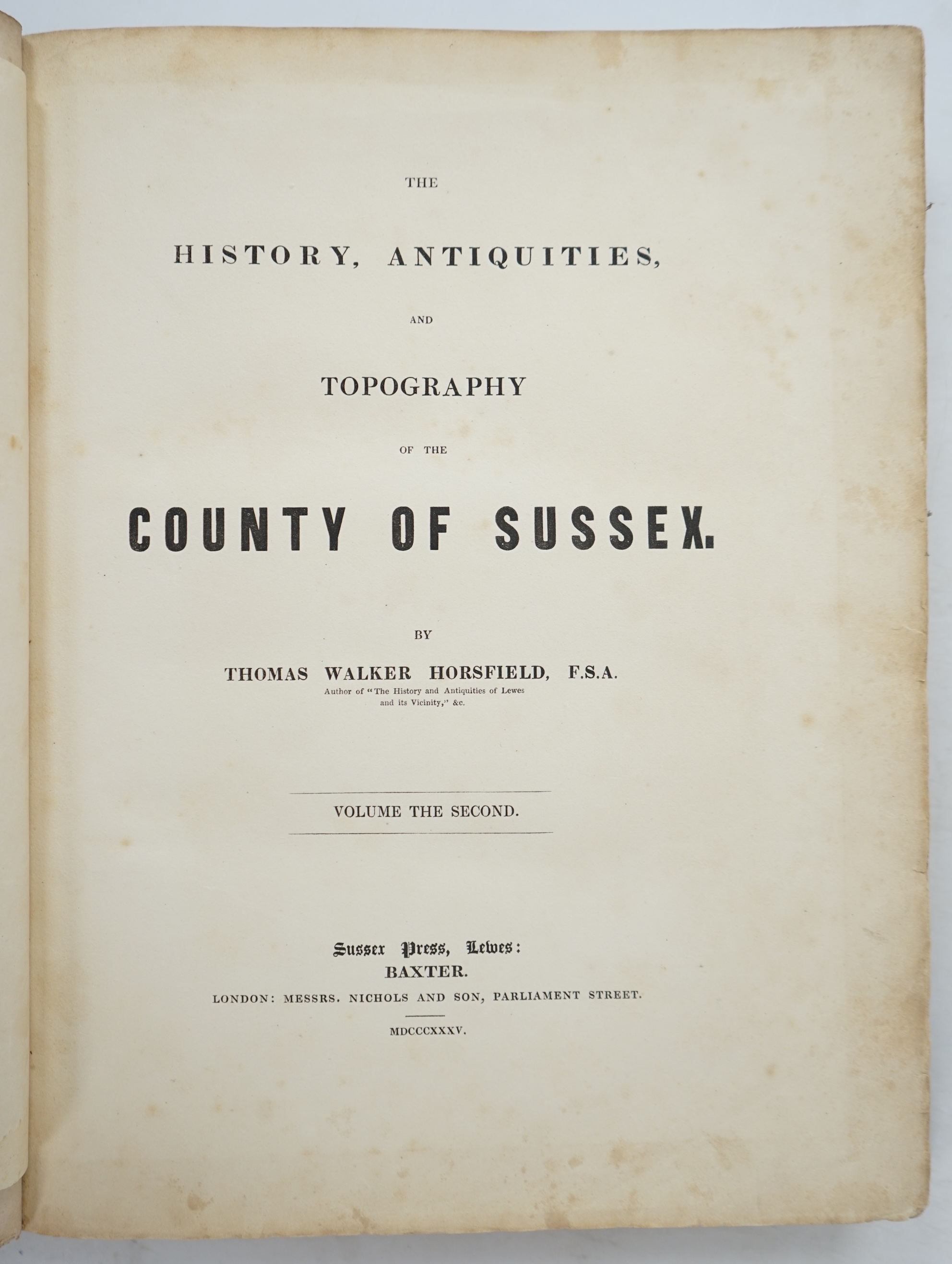 Horsfield, Thomas Walker - The History, Antiquities, and Topography of the County of Sussex, 2 vols, with 7 portraits (one a mezzotint), 2 folded pictorial maps and 49 other engraved maps, gilt ruled half morocco with ma